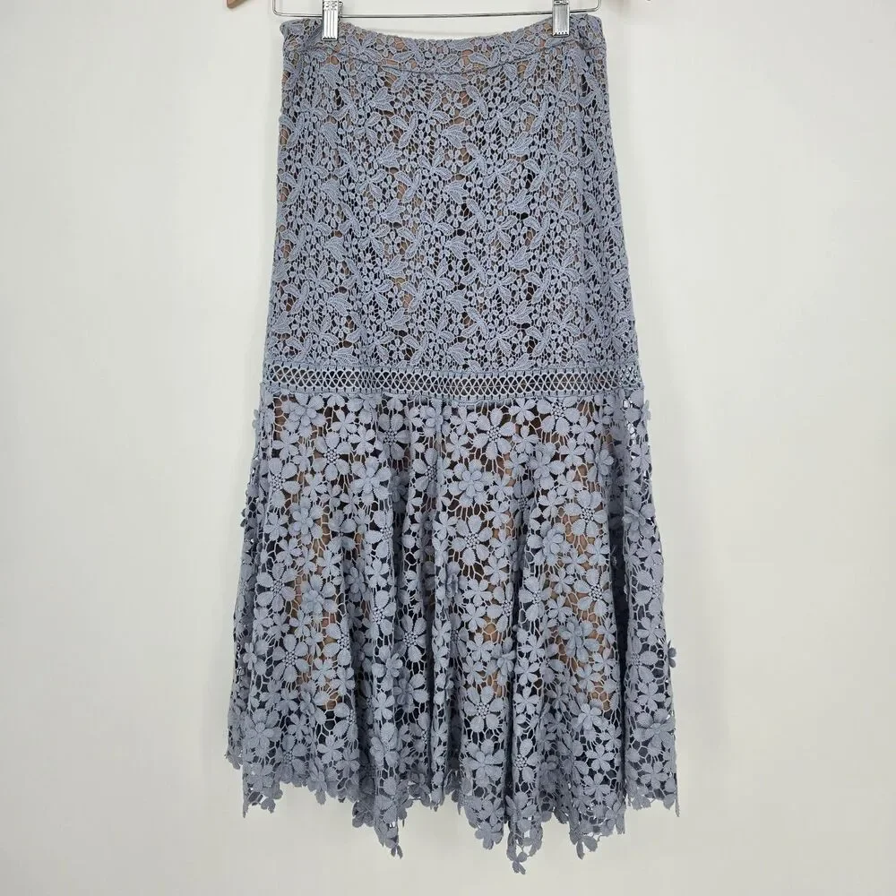 NWT $195 Michael Kors Womens Size 4 Blue Floral Lace Lined Midi Skirt Spring - Picture 2 of 10